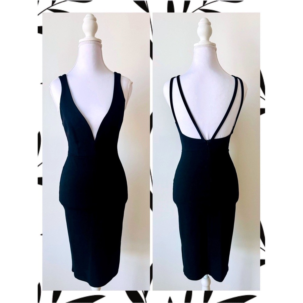 Lulus Bodycon Dress Black Deep V-Neck Open Back Midi Small Made in USA